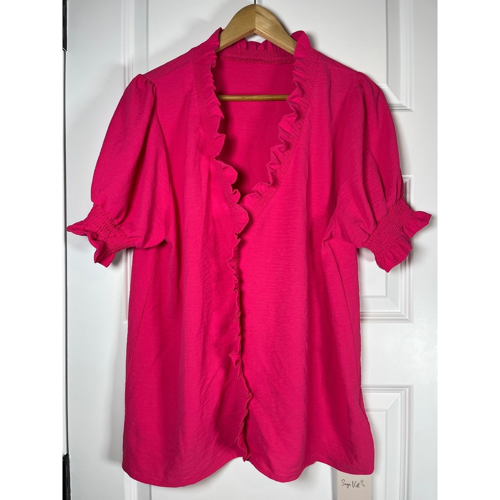 Sage Vell Hot Pink Ruffle V-Neck Puff Sleeve Blouse Medium NEW